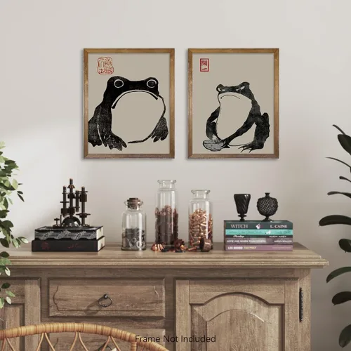 Vista 5 de Decoración de pared de rana japonesa, decoración japonesa, decoración japonesa, Wabi Sabi, póster japonés de Matsumoto Hoji, juego de imágenes
