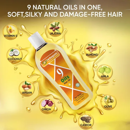 Vista 8 de Aceite para el cabello de 9 aceites, mezcla de hierbas de jojoba, almendra, oliva, argán, amla, coco, aceite de ricino, aceite de cebolla y vitamina