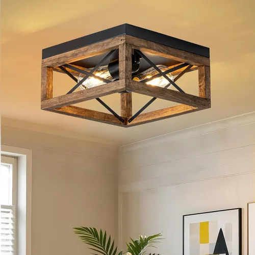 Vista 12 de Lámpara de techo rústica de madera negra de 2 luces Lámparas de metal para pasillo, industriales cerca del techo, para cocina, entrada, vestíbulo