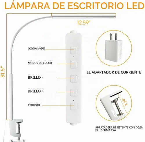 Vista 3 de Lámpara de escritorio LED con abrazadera, 5 modos de color y 10 niveles de brillo, luz de escritorio para cuidado de los ojos, cuello de cisne