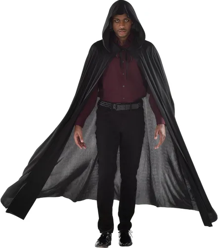 Vista 2 de Capa larga con capucha negra Estándar para adultos (paquete de 1) Lujosa tela suave perfecta para Halloween, cosplay, disfraces y eventos