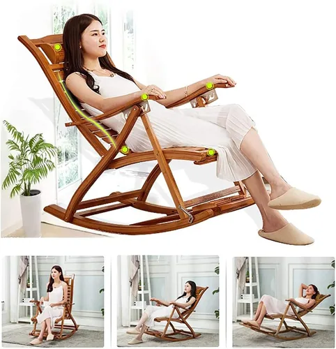 Vista 2 de Mecedora de bambú plegable de jardín para tumbonas de ancianos, silla de terraza con cojín, estable y ergonómica de madera, silla de jardín