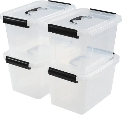 Vista 8 de Paquete de 4 cajas de almacenamiento de plástico de 10 L, caja de almacenamiento transparente con tapa Secure Side Buckle Latches, Dustproof Lid