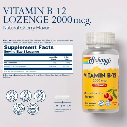 Vista 2 de SOLARAY Pastillas de vitamina B12 de 2000 mcg, sin azúcar, sabor a cereza natural, vitamina B 12 suplemento para la función nerviosa, energía