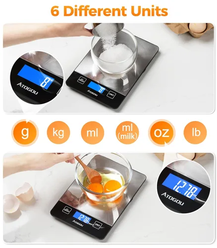 Vista 8 de Atogou Báscula de alimentos – Báscula digital de cocina de 33 libras, pantalla recargable y de visión completa, resistente al agua, carga de Negro
