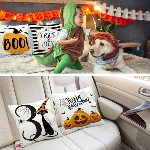 Vista 7 de CH HAICHENG Juego de 4 fundas de almohada de Halloween de 18 x 18 pulgadas, juego de 4 fundas de almohada de lino para sofá cama o decoración
