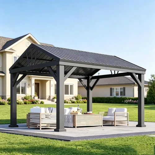 Vista 10 de Aoxun Gazebo de madera de cedro de 10' x 10' con techo de acero galvanizado