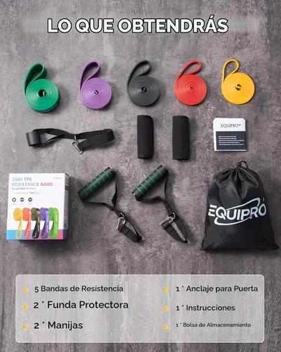 Vista 3 de Bandas de resistencia de Equipro, bandas de ejercicio, bandas de resistencia para entrenar con asas y anclaje de puerta, bandas de entrenamiento