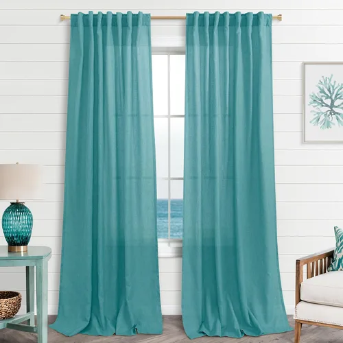 Vista 112 de Cortinas rústicas color beige tostado de 42 x 84 pulgadas de largo para sala de estar, juego de 2 paneles transparentes de lino natural, imitación