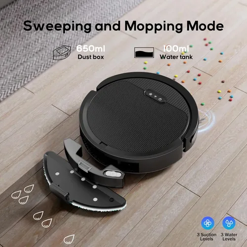 Vista 6 de V3 - Robot aspirador y fregona, autocargable, succión fuerte de 5000 Pa, control WiFi/Alexa/App, aspiradoras robóticas ultra delgadas 3 en 1