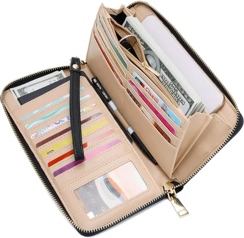 Vista 2 de WOZEAH - Cartera de piel sintética con cremallera y bloqueo RFID para mujer, ideal para viajar