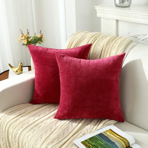 Vista 3 de Jeneoo Juego de 2 fundas de almohada decorativas de chenilla roja brillante para sofá, fundas de almohada cuadradas súper suaves estilo granja Rojo
