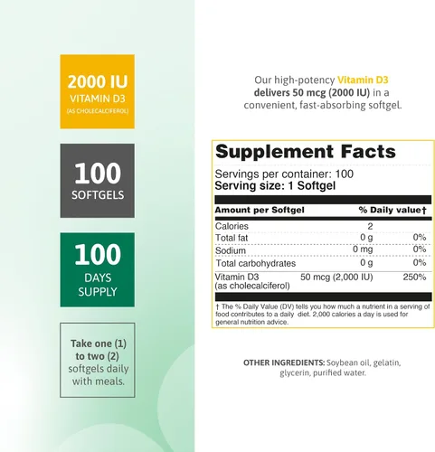 Vista 2 de Vitamina D3 2000 UI Softgels Inmune Bone Muscle Support 100 Count