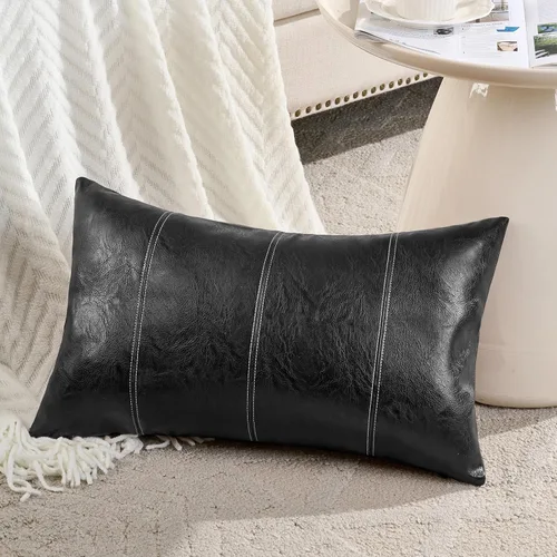 Vista 18 de Fancy Homi - Paquete de 2 fundas de almohada decorativas negras estilo boho de cuero sintético de 16 x 16 pulgadas para sala de estar, sofá, cama