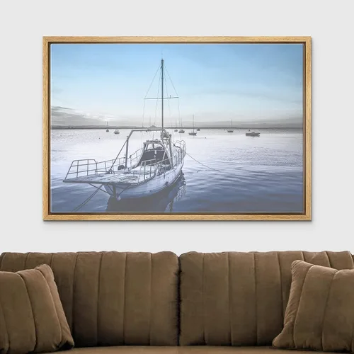 Vista 3 de wall26 Lienzo enmarcado para pared, barco de pescador en mar gris y azul, horizonte, transporte oceánico, fotografía, realismo, náutico, escénico