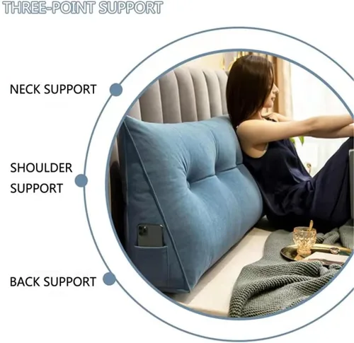 Vista 2 de Almohada triangular grande de apoyo de posicionamiento para leer en la cama, cojín lumbar para sofá cama, almohada de cabecera de cuña con funda Azul