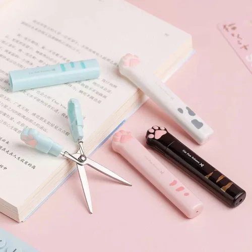Vista 3 de Tijeras multiusos, mini tijeras de mano portátiles Kawaii Cat Paw Tijeras de artesanía Tijeras plegables de papelería con cubierta de seguridad