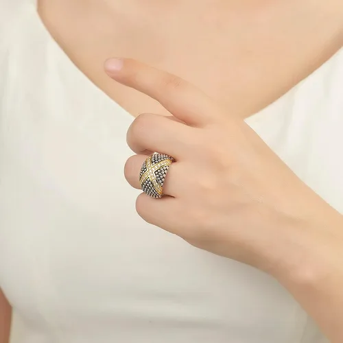 Vista 4 de UNY JEWEL Anillo de dos tonos con circonitas cúbicas pavé pavé puntos X Bar diseño único con piedras brillantes perfecto para la moda de las mujeres