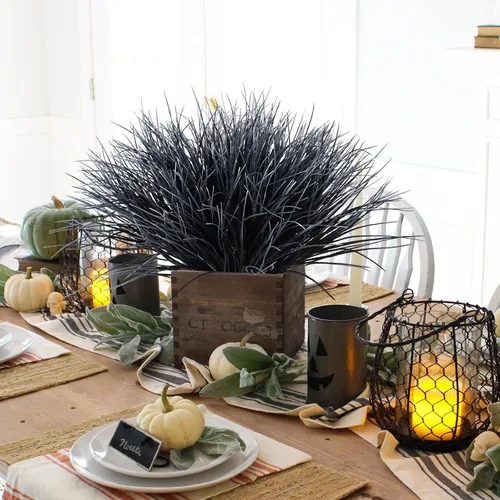 Vista 5 de Flores Artificiales de Plantas en Blanco y Negro para Halloween, Hierba de Cebolla Artificial Resistente a los Rayos UV, Arbustos de Plantas