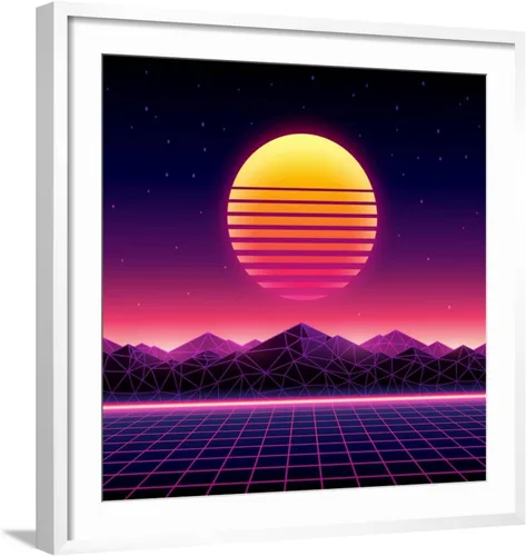 Vista 12 de ART.COM Wall Art Print Retro Futuristic Background 1980S Style. Digital Landscape in a Cyber World. Retro Wave Music Album on Black Frame by Kelvin