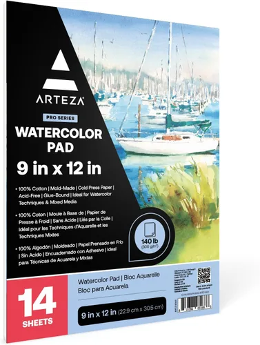Vista 4 de ARTEZA Papel de acuarela, 14 hojas, papel de color de agua de 9 x 12 pulgadas, 140 lb/300 gsm, 100% algodón, prensa en frío, papel de arte sin ácido