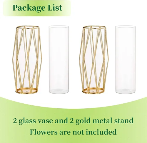 Vista 7 de Hewory - Jarrones de flores modernos dorados para centros de mesa, jarrones de vidrio de 11 pulgadas con soporte de metal, jarrones geométricos