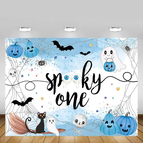 Vista 5 de MEHOFOND Fondo espeluznante de Halloween de 7 x 5 pies, fondo azul acuarela Little Boo Baby Shower para niños, telaraña de murciélago, calabaza