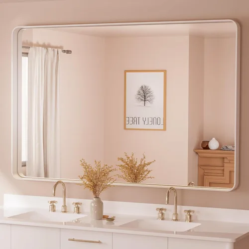 Vista 106 de Espejo de marco dorado cepillado de 16 x 24 pulgadas, espejo de tocador de baño de latón dorado para pared, espejo enmarcado rectangular de esquina