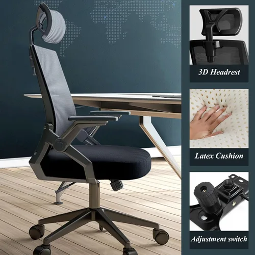 Vista 3 de Silla de oficina ergonómica de malla, silla de escritorio ejecutiva de computadora con respaldo alto con reposacabezas y reposabrazos abatibles