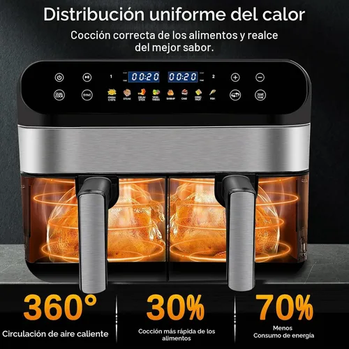 Vista 6 de Freidora de aire de doble cesta de 9.5 cuartos de galón, freidora digital grande de doble zona, 2 cajones, preajustes de cocción 8 en 1, con acabado