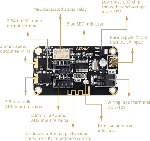 Vista 2 de DROK Placa de Bluetooth, Receptor de Audio de 12V, Módulo de Bluetooth DC 5V-12V, Electrónica Portátil, Circuito de Recepción de Música Estéreo