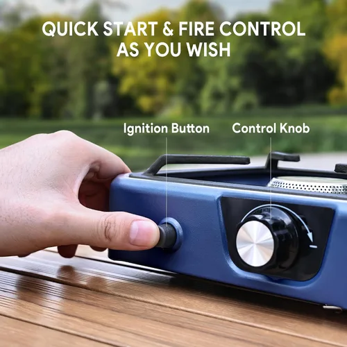 Vista 5 de Estufa de camping de propano inoxidable 304 de 2 quemadores con plancha, estufas portátiles de propano con 24000BTU, compatible con sartén