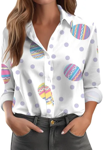 Vista 19 de Camisetas de San Valentín para mujer, camisas con botones, blusas de corazón, elegantes, informales, cuello de solapa, manga larga, suave, cómoda