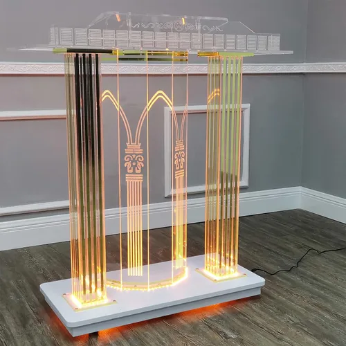 Vista 4 de Púlpito de la iglesia, podio de oro acrílico con rodillos con luces LED, plataforma de lectura vertical, entrada, embajadas, colegios y conferencias