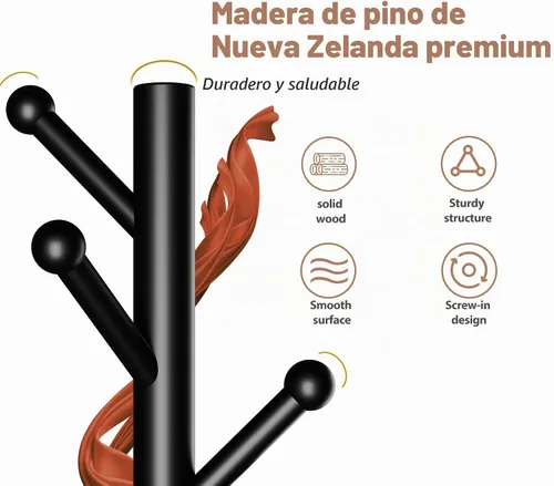 Vista 3 de Perchero de abrigos, Perchero de pie independiente con 8 ganchos, 3 alturas ajustables para ropa, sombreros, bolsos, árbol de abrigos de fácil Negro