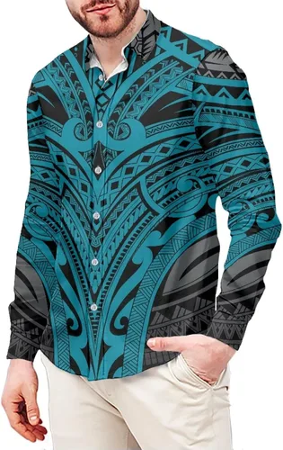Vista 30 de Camisas polinesias para hombre con patrones de hojas tropicales polinesias, camisa hawaiana de manga larga para hombre, ropa de vacaciones de otoño