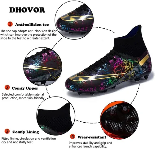 Vista 2 de DHOVOR Tacos de fútbol para hombre y mujer, botines de fútbol antideslizantes, para atletismo, zapatos de fútbol para exteriores e interiores
