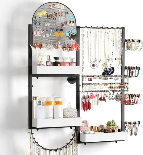 Vista 10 de Keebofly Organizador de joyas colgante de montaje en pared, soporte de exhibición grande para aretes, anillos, collares, pulseras, relojes y Negro