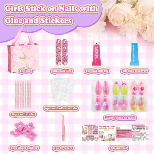 Vista 4 de 144 uñas postizas a presión con pegamento, kit de uñas postizas de almendra con calcomanías de gelatina y adhesivo constructor de uñas, lindas uñas