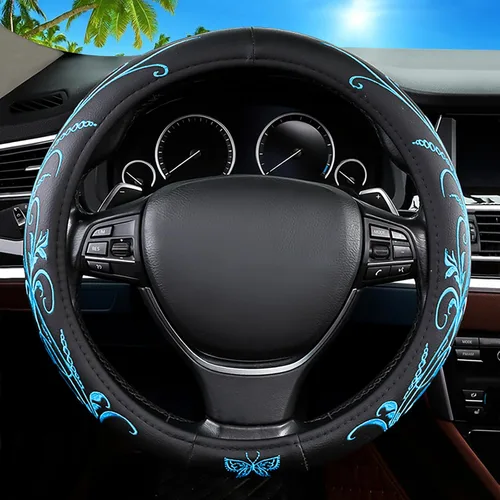 Vista 25 de Funda de cuero para volante de automóvil, material Panapi, universal de 14.5-15 pulgadas, antideslizante, transpirable, fundas para volante