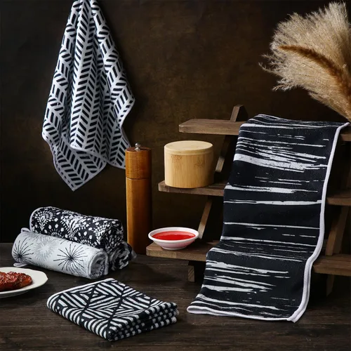 Vista 7 de Redbaker Juego de 6 toallas de cocina en blanco y negro con línea de arte abstracto, paños de cocina florales, paños de cocina modernos de mediados