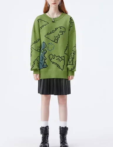 Vista 3 de Rxozrxoz Suéter de punto de dinosaurio para mujer, lindo suéter kawaii vintage, casual, holgado, suéter sin botones