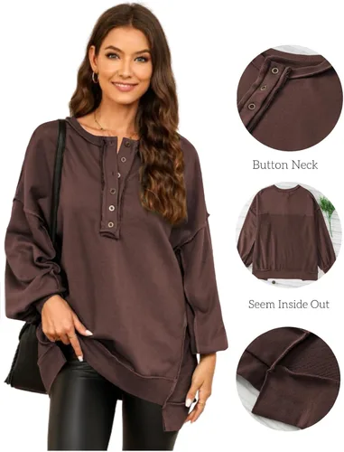 Vista 93 de AlvaQ - Sudadera de gran tamaño para mujer, informal, de manga larga, con botones y cuello Henley, tipo túnica