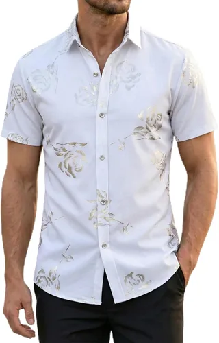Vista 15 de ZEROYAA - Camisas de vestir de manga corta con estampado de rosa dorada para hombre, estilo hipster, calce ajustado, con botones
