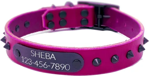 Vista 8 de Personalized Spiked Bridle Leather Dog Collar, Engraved Matte Black Metal Nameplate (Mustard Yellow)