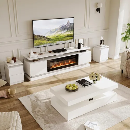 Vista 20 de 2 Piece Modern Table Set Includes 70" Fireplace TV Stand & 47" Coffee Table with Charging Station and USB Ports, for Living Room, Black