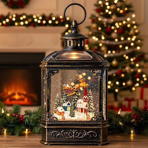 Vista 13 de Gnomos de Navidad de 10 pulgadas, linterna de globo de nieve iluminada, caprichoso árbol de Navidad y elfo escandinavo, linterna de agua musical