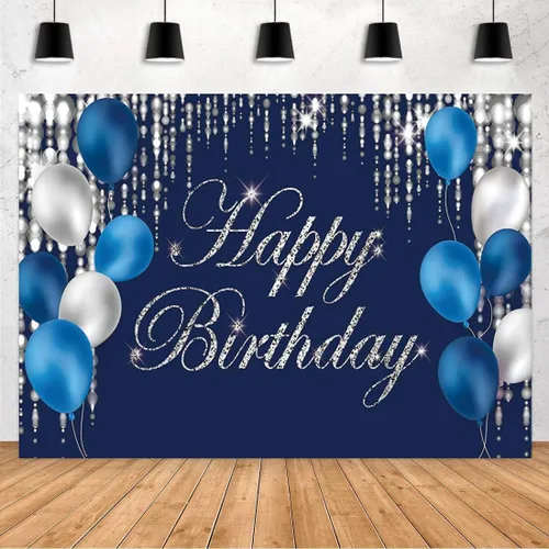 Vista 8 de Cartel de fondo de feliz cumpleaños azul marino y plateado para hombres, mujeres, fondo de fotografía de jubilación, suministros de decoración