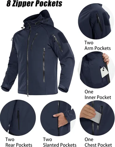 Vista 3 de MAGCOMSEN Abrigos de invierno para hombre, 8 bolsillos, con capucha, resistente al agua y al viento, chaqueta táctica Softshell