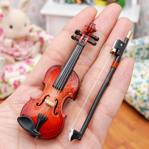 Vista 4 de Odoria 1:12 Violín con soporte de arco y caja de madera, instrumento musical casa de muñecas miniatura